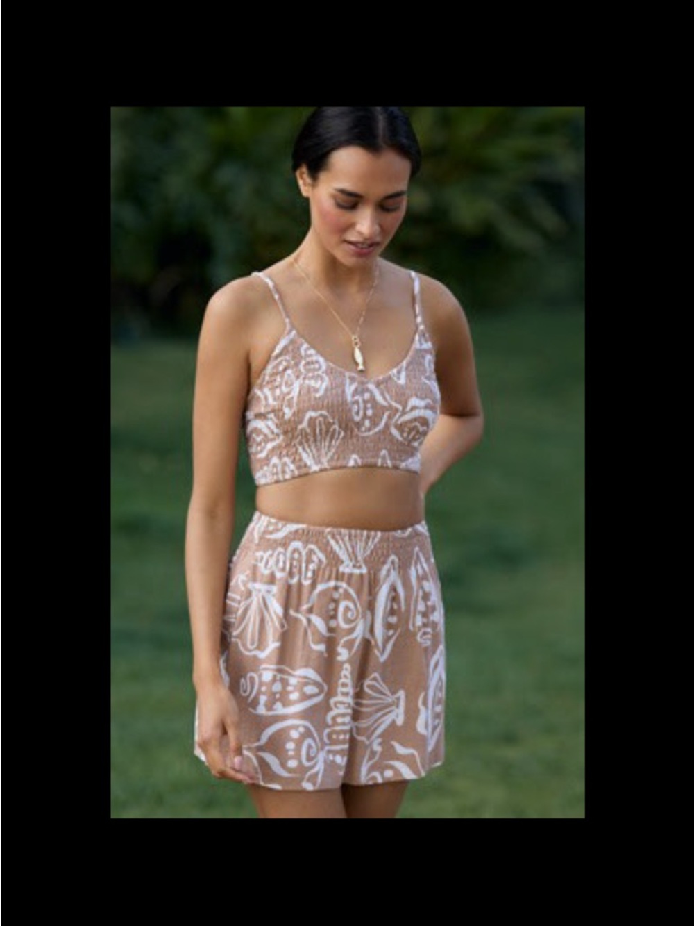 Anthropologie Tan & White Shell-Print Crop Top and Mini Skirt Set - Picture 4 of 8